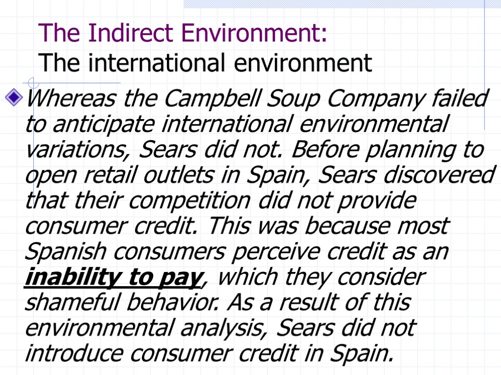 The Indirect Environment: The international environment Whereas the Campbell Soup Company failed to anticipate